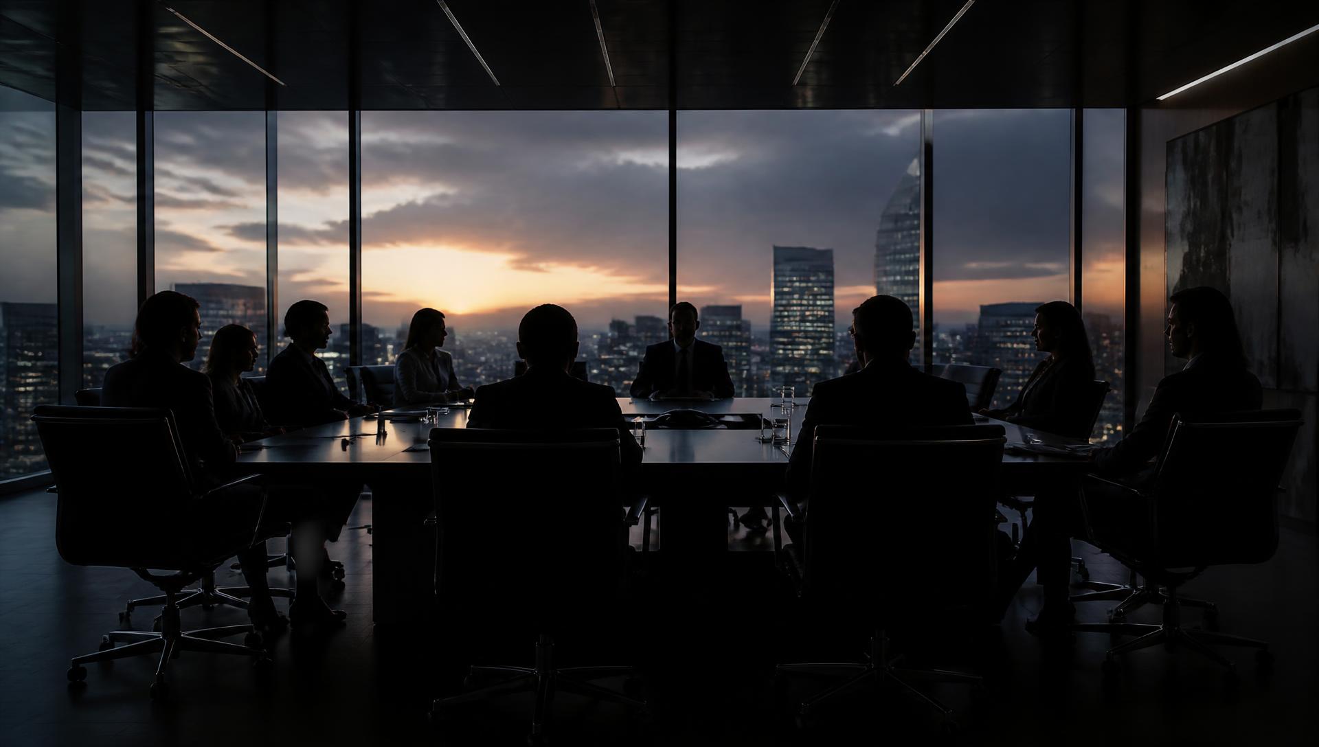 Reunião corporativa em sala de diretoria ao anoitecer